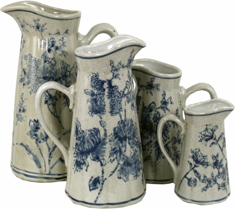 Set of 4 Ceramic Jugs, Vintage Blue & White Magnolia Design-1