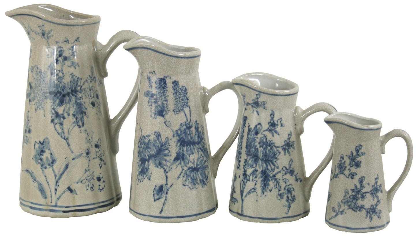 Set of 4 Ceramic Jugs, Vintage Blue & White Magnolia Design-0