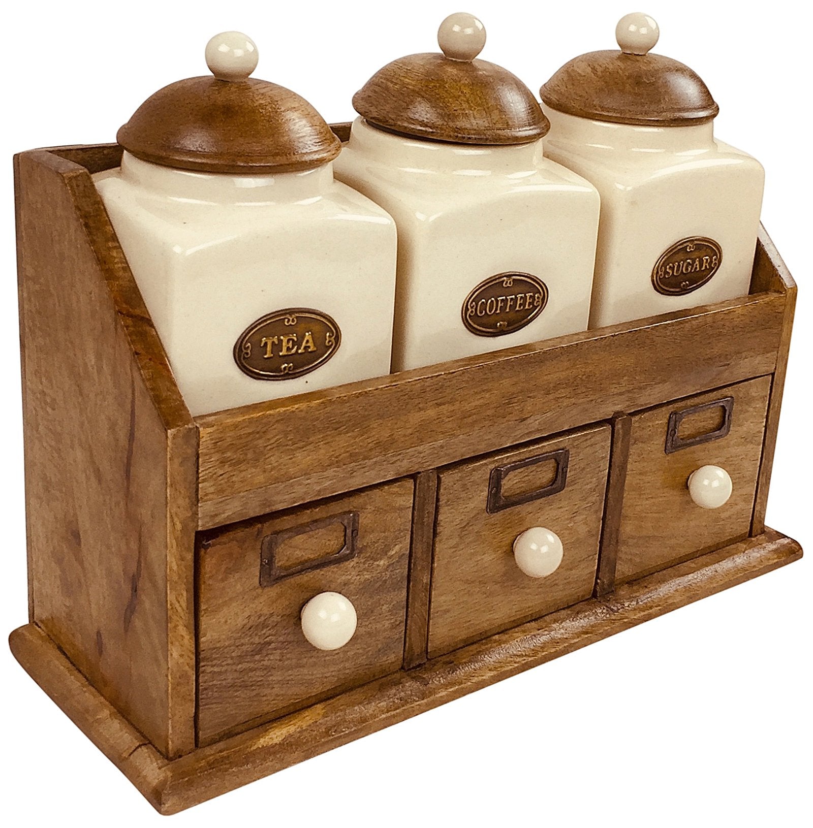 Three Ceramic Jars With Wooden Drawers-0