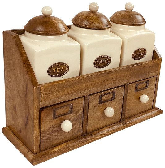 Three Ceramic Jars With Wooden Drawers-0