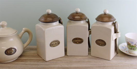 Large Tea, Coffee & Sugar Canisters With Spoons-1