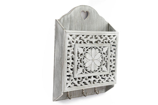 Grey Wooden 3 Hook Key Holder With Cutout Pattern Shelf-0