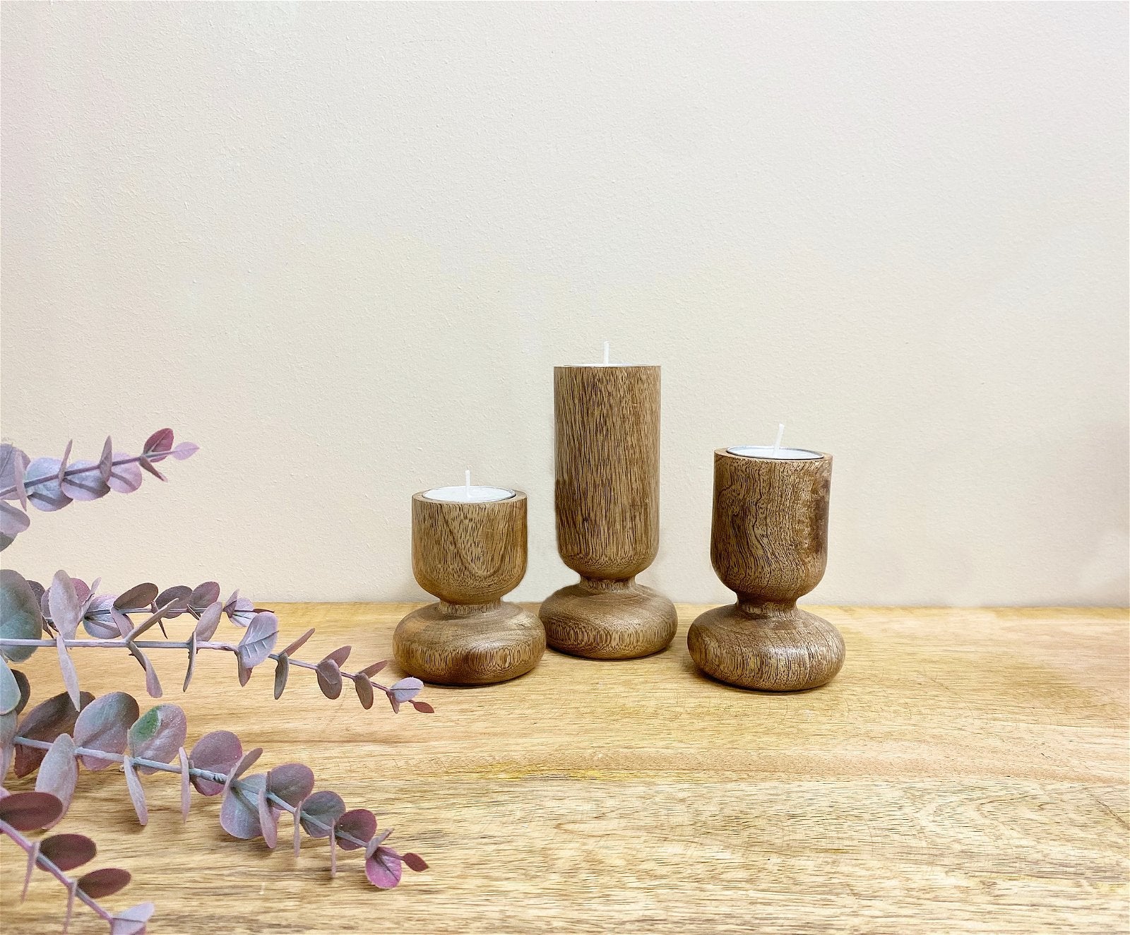 Set of Three Wooden Candlestick or Tea Light Holders-3