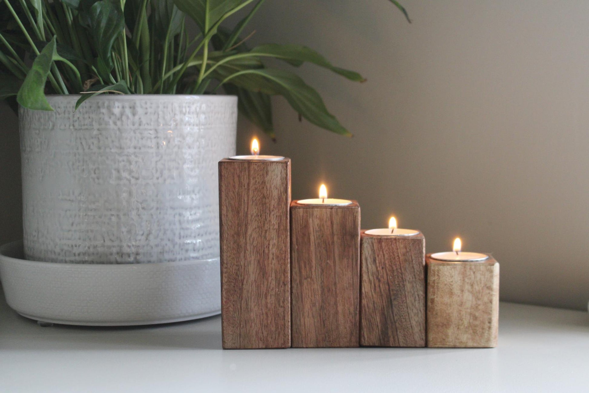 Set of Four Mango Wood Tealight Holders-1