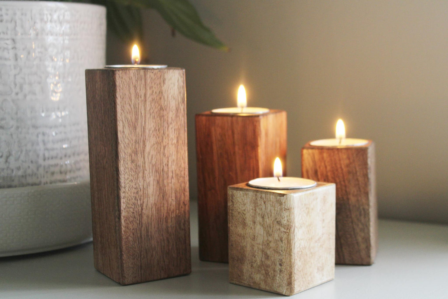 Set of Four Mango Wood Tealight Holders-4