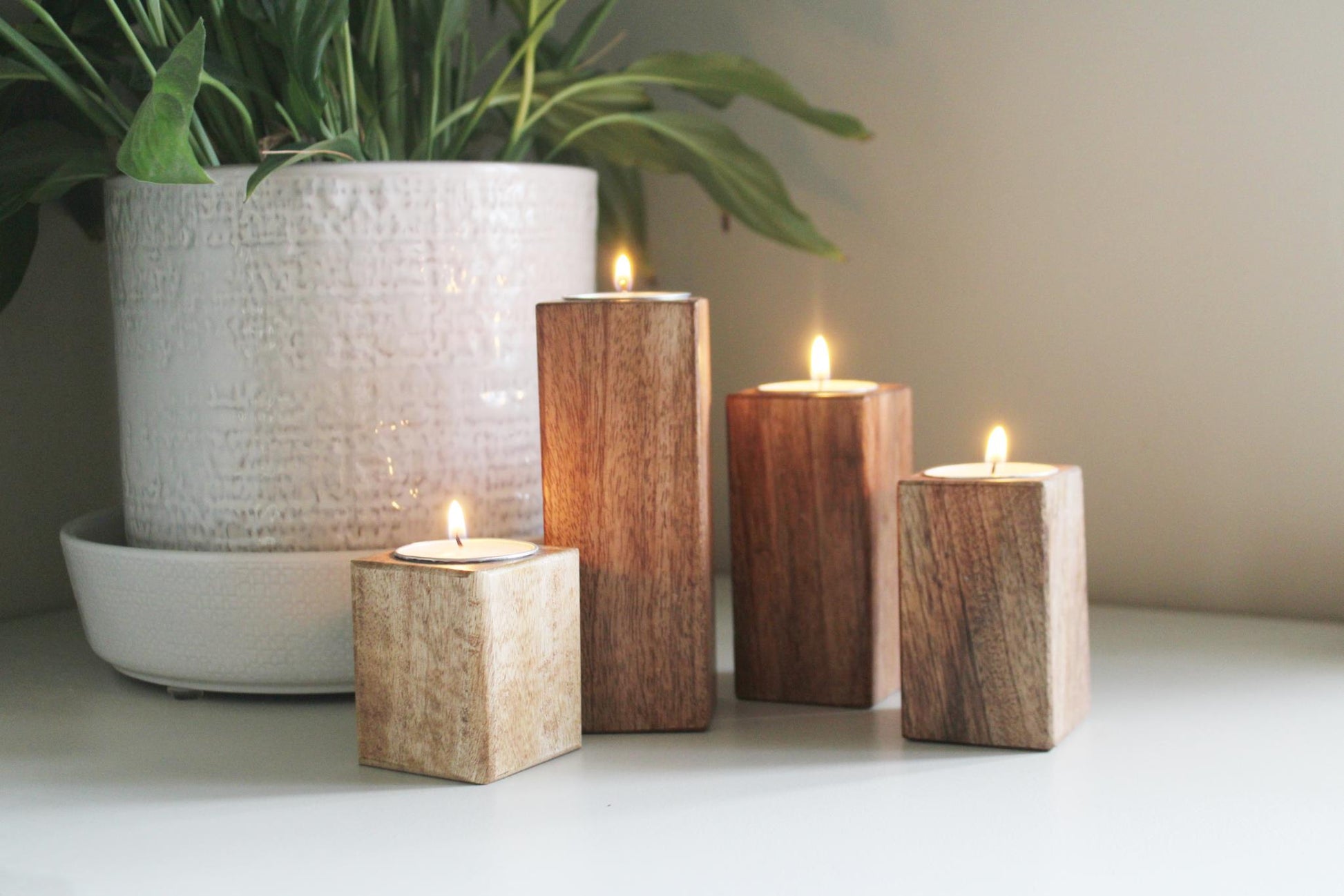 Set of Four Mango Wood Tealight Holders-5