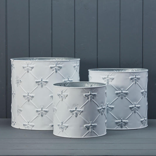 Set of Three White Zinc Bee Planters-0