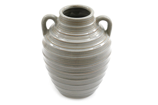 Ceramic Grey Ribbed Vase With Handles 25cm-0