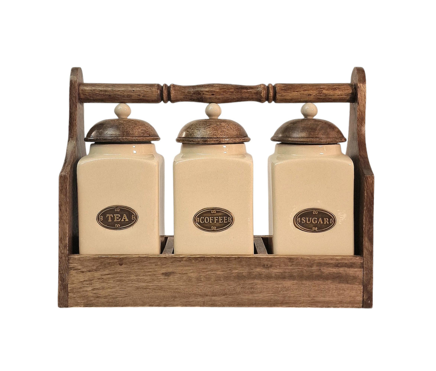 Ceramic Tea, Coffee & Sugar Jar's In Solid Mango Wood Rack-0