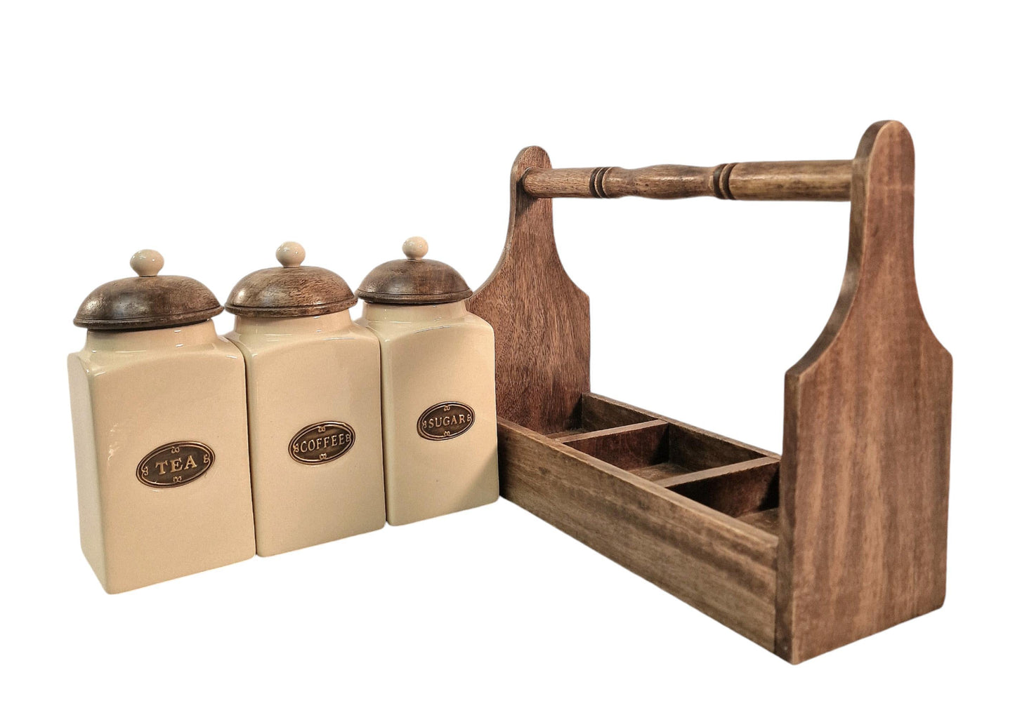 Ceramic Tea, Coffee & Sugar Jar's In Solid Mango Wood Rack-1