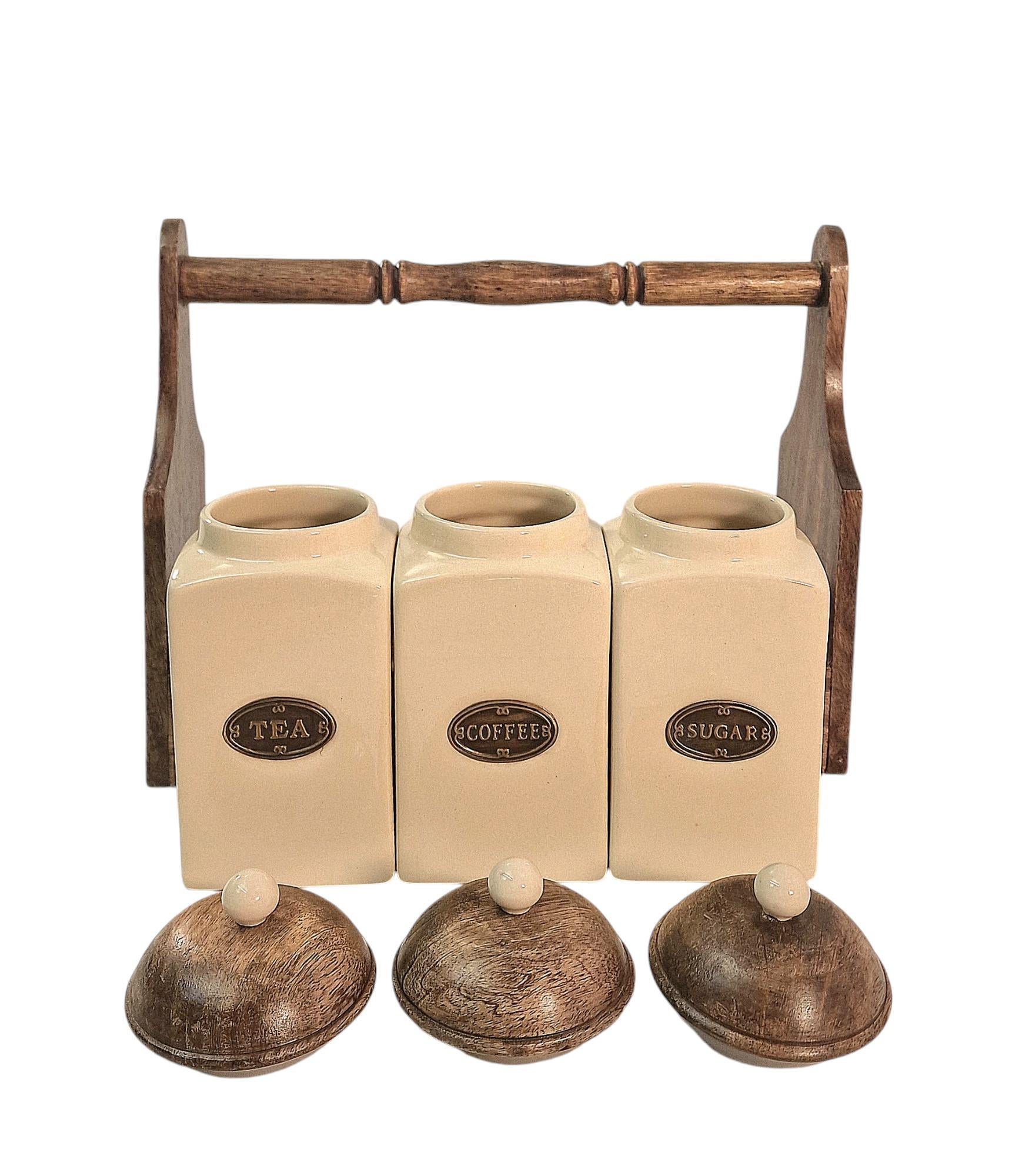 Ceramic Tea, Coffee & Sugar Jar's In Solid Mango Wood Rack-2