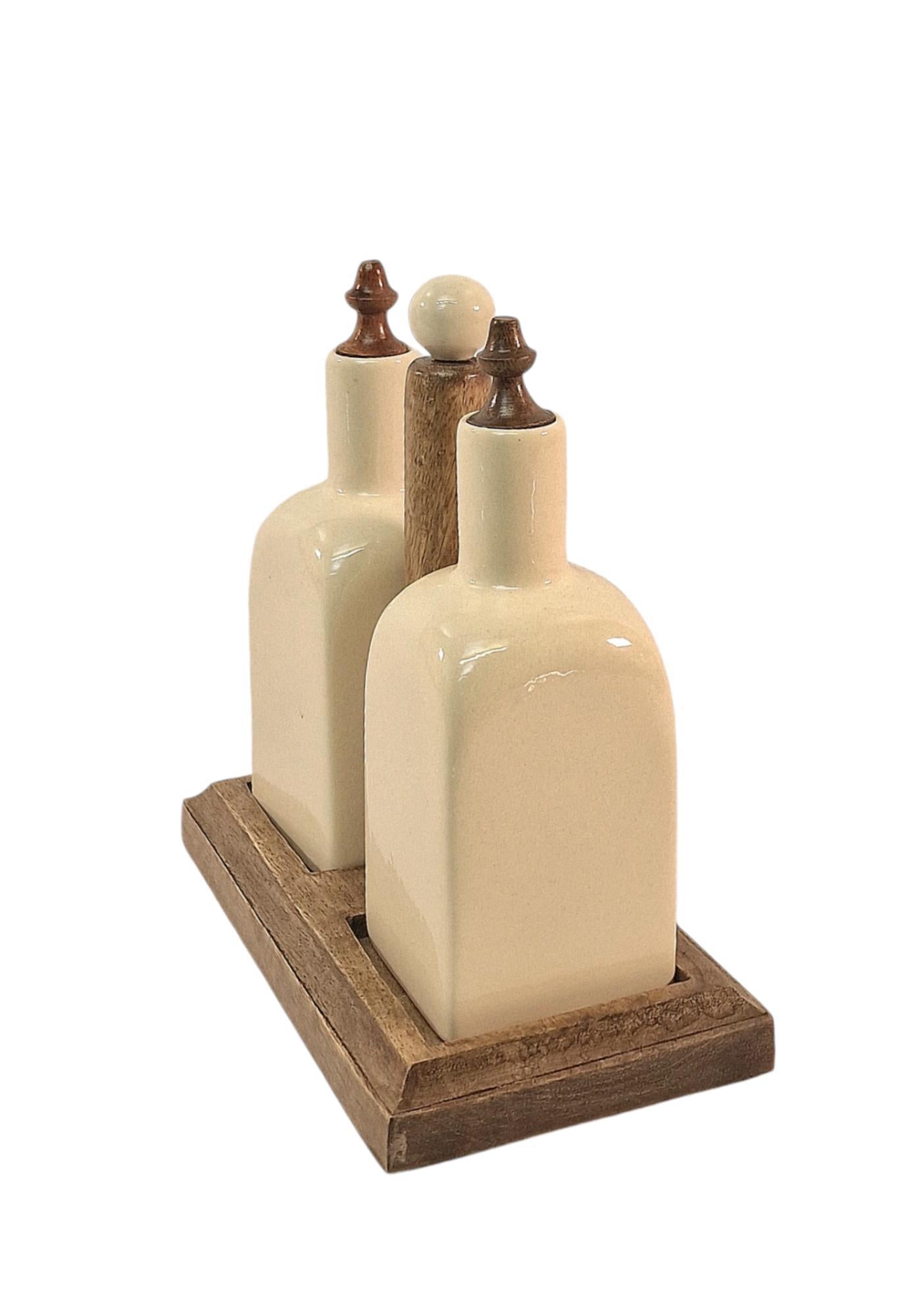 Ceramic Oil and Vinegar (Olio/Aceto) Bottle Set & Mango Wood Holder-1