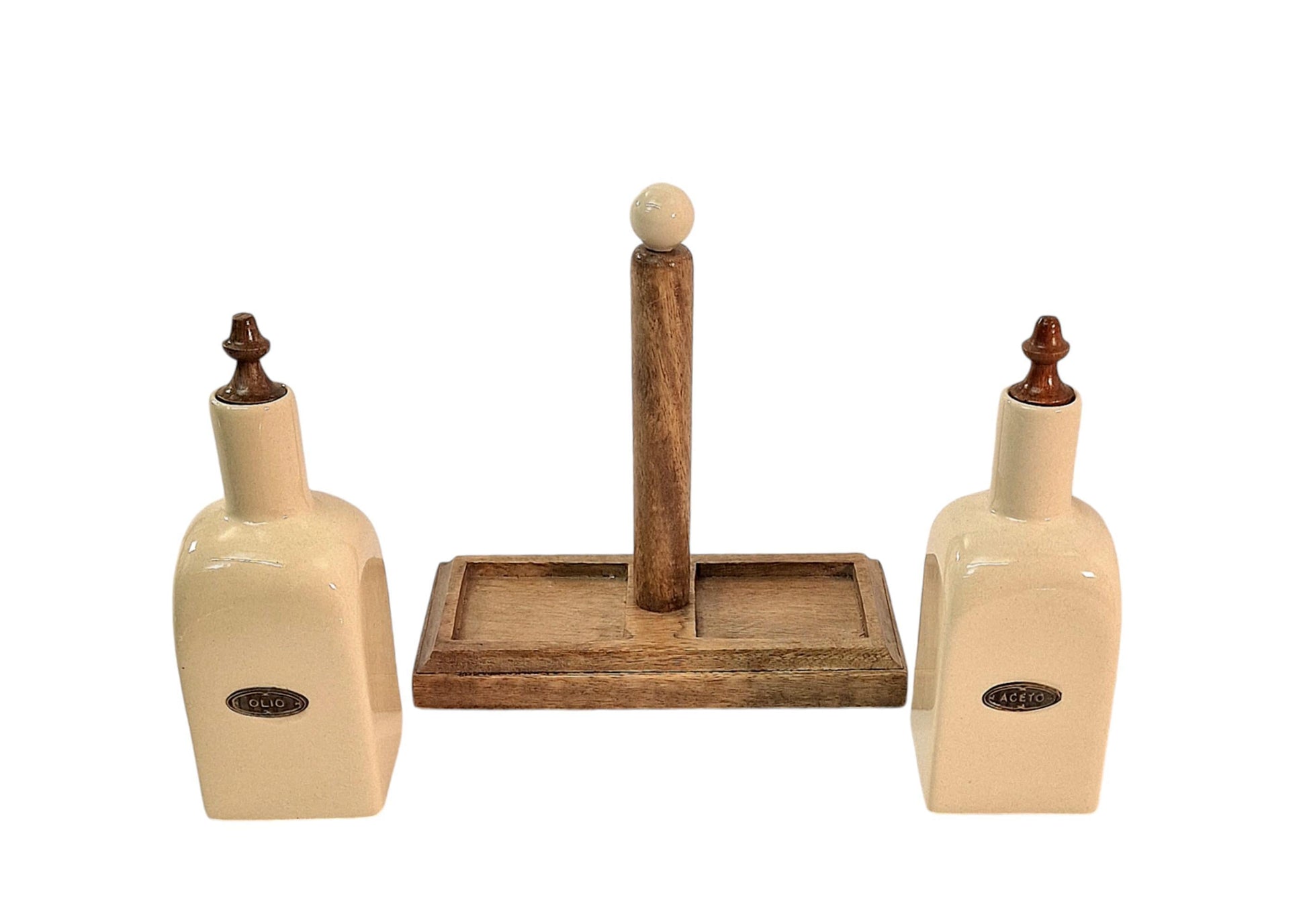 Ceramic Oil and Vinegar (Olio/Aceto) Bottle Set & Mango Wood Holder-2