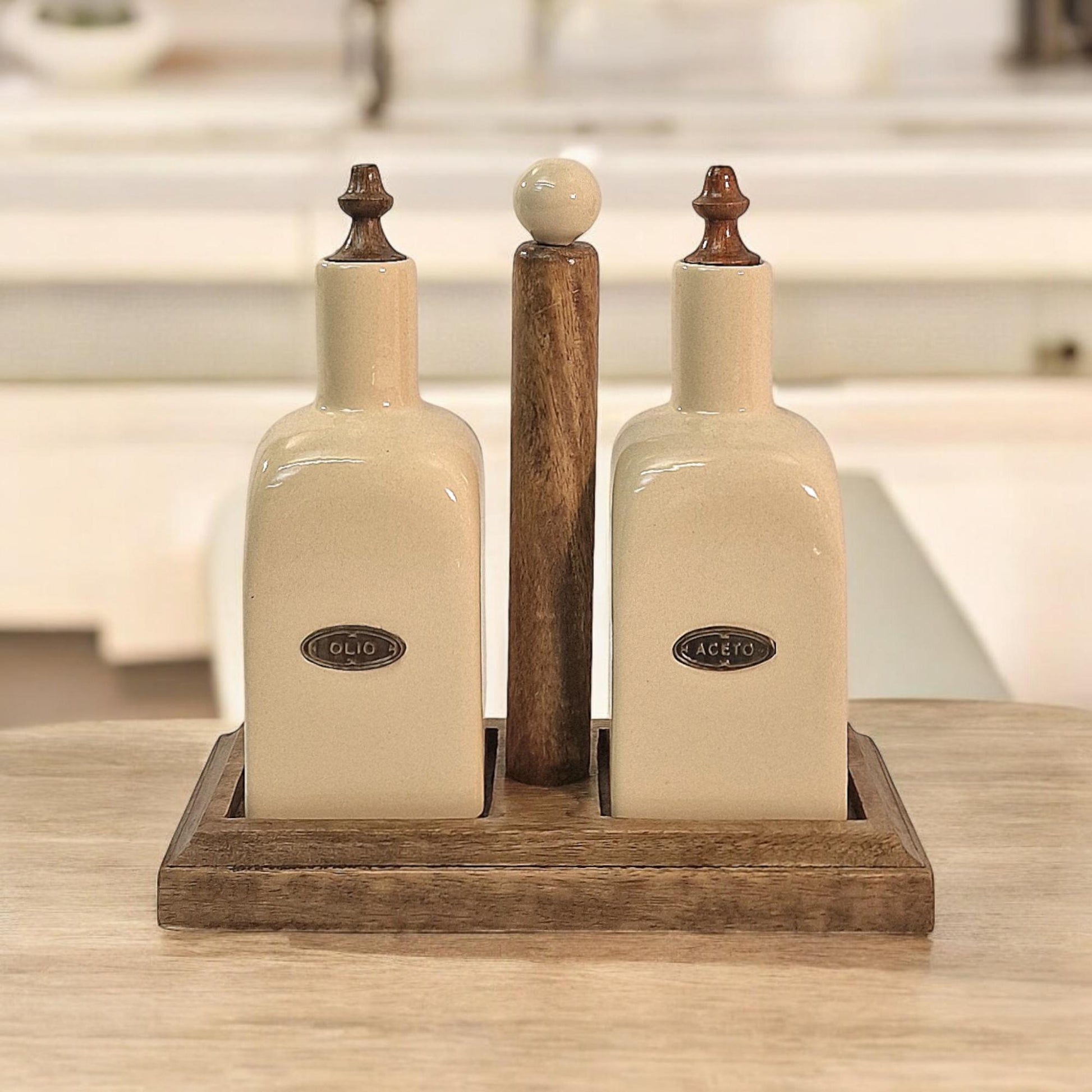 Ceramic Oil and Vinegar (Olio/Aceto) Bottle Set & Mango Wood Holder-3