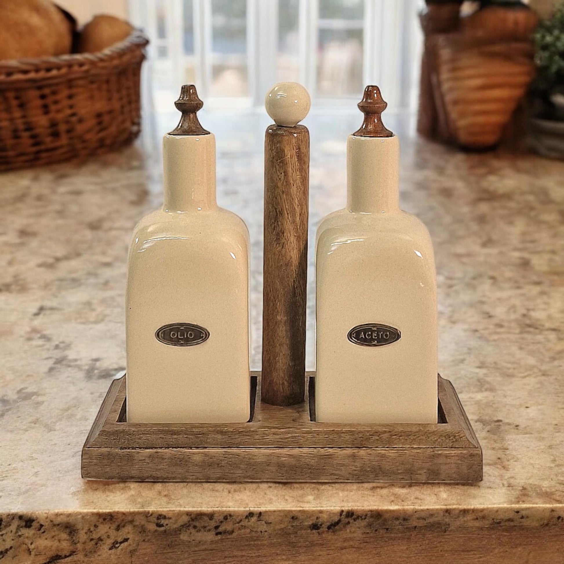 Ceramic Oil and Vinegar (Olio/Aceto) Bottle Set & Mango Wood Holder-4