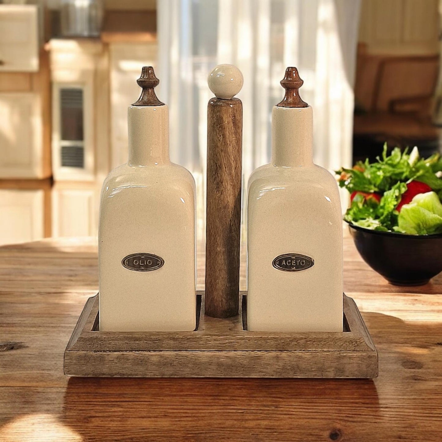 Ceramic Oil and Vinegar (Olio/Aceto) Bottle Set & Mango Wood Holder-5