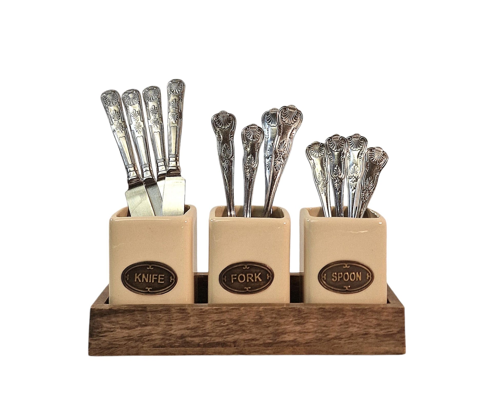 Knife, Fork & Spoon Ceramic Holder Set, with Mango Wood Tray-0