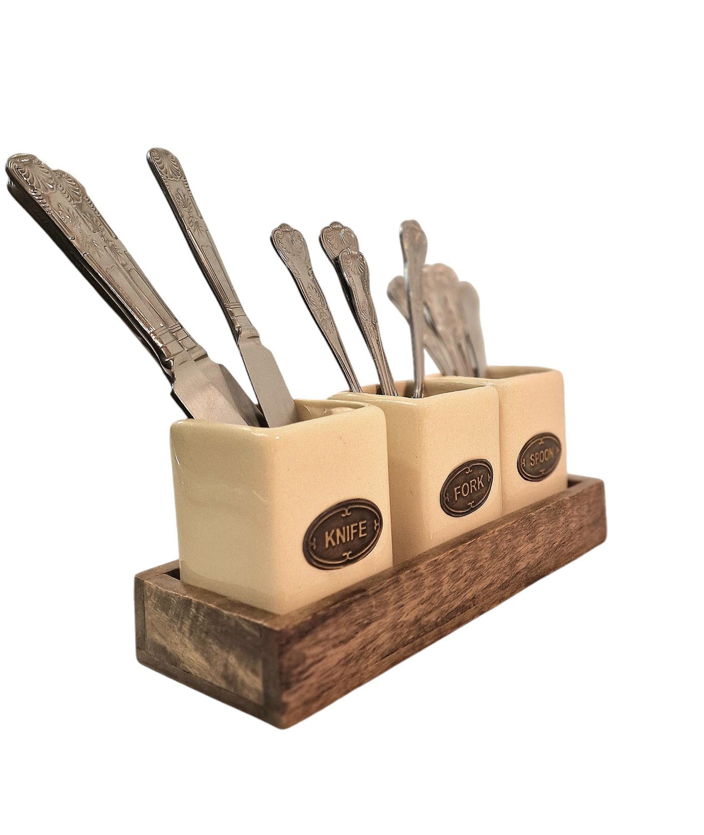 Knife, Fork & Spoon Ceramic Holder Set, with Mango Wood Tray-1