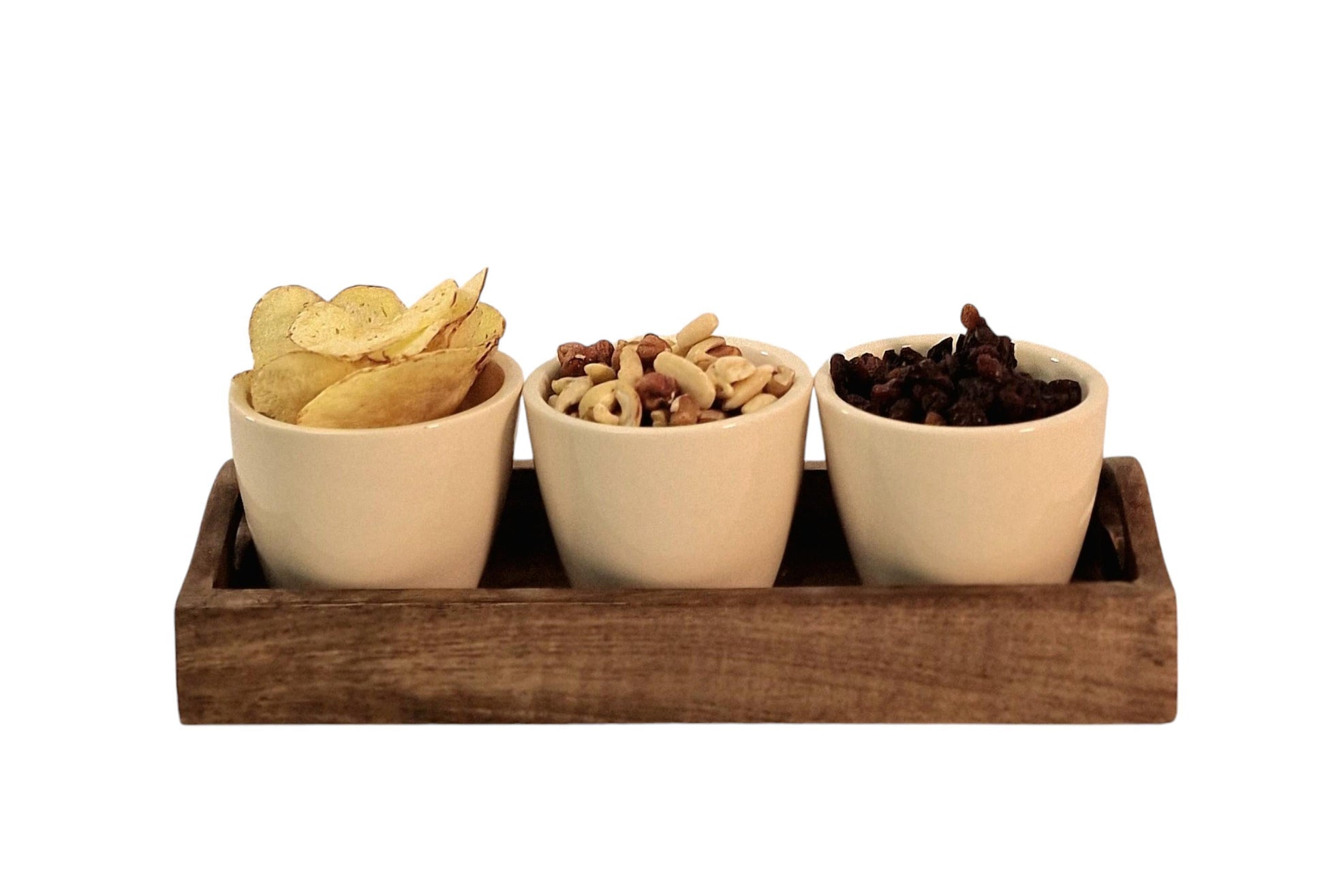 Set of 3 Ceramic Snack/Nibble Bowls with Mango Wood Tray-0