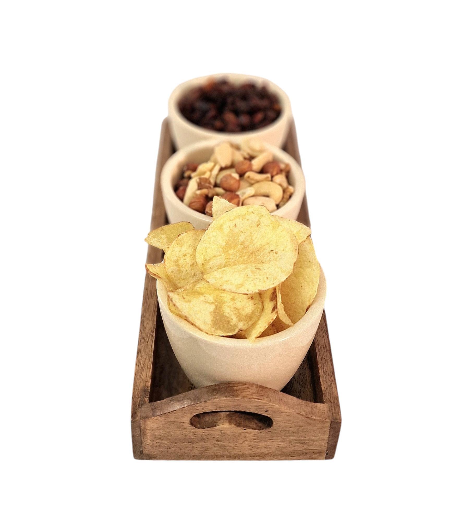 Set of 3 Ceramic Snack/Nibble Bowls with Mango Wood Tray-1