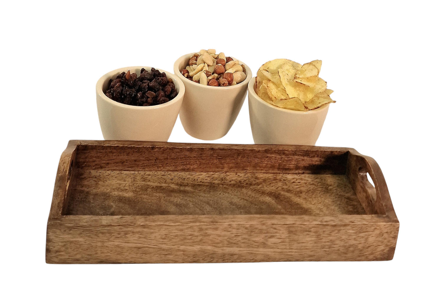 Set of 3 Ceramic Snack/Nibble Bowls with Mango Wood Tray-2