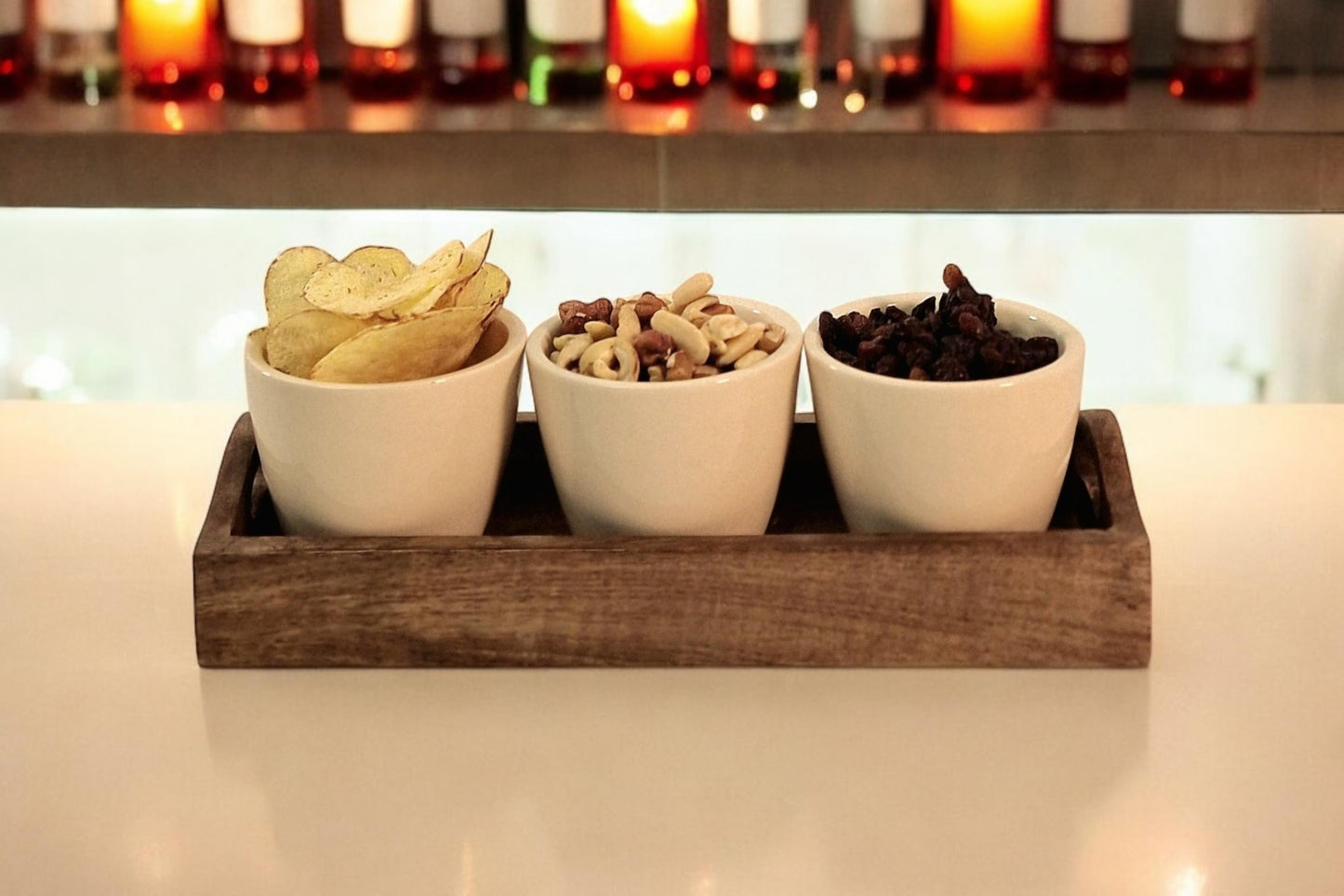 Set of 3 Ceramic Snack/Nibble Bowls with Mango Wood Tray-3