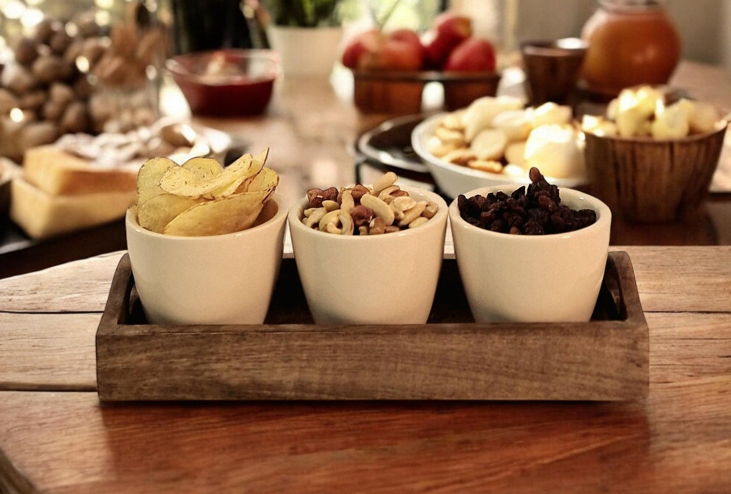 Set of 3 Ceramic Snack/Nibble Bowls with Mango Wood Tray-4